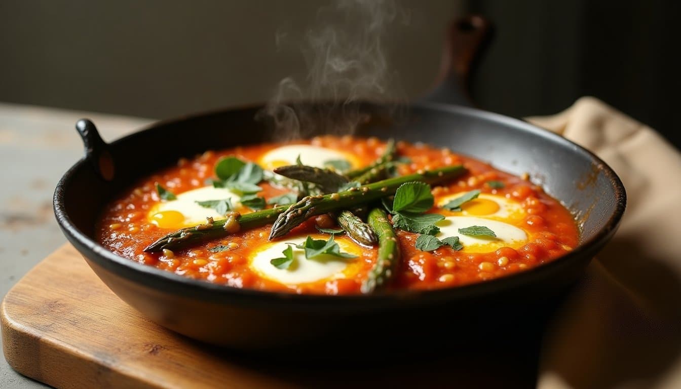 Asparagus & Feta Shakshuka with Wild Garlic and Morel Mushrooms