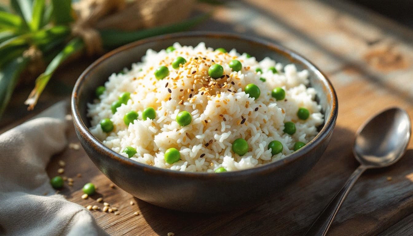 Pandan Sticky Rice with Spring Peas, Coconut Milk & Toasted Sesame
