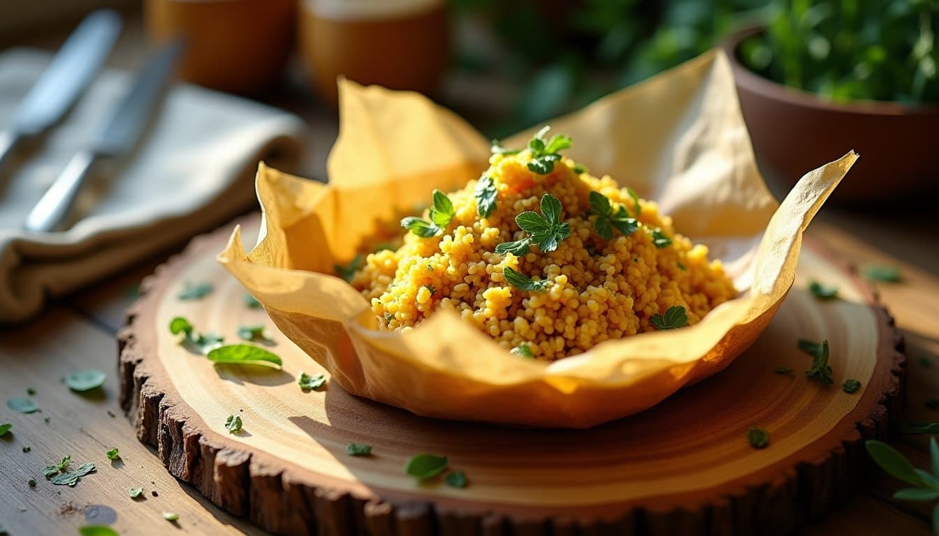 Saffron-Dried Lime Morel & Ramp Pilaf Baked in Parchment