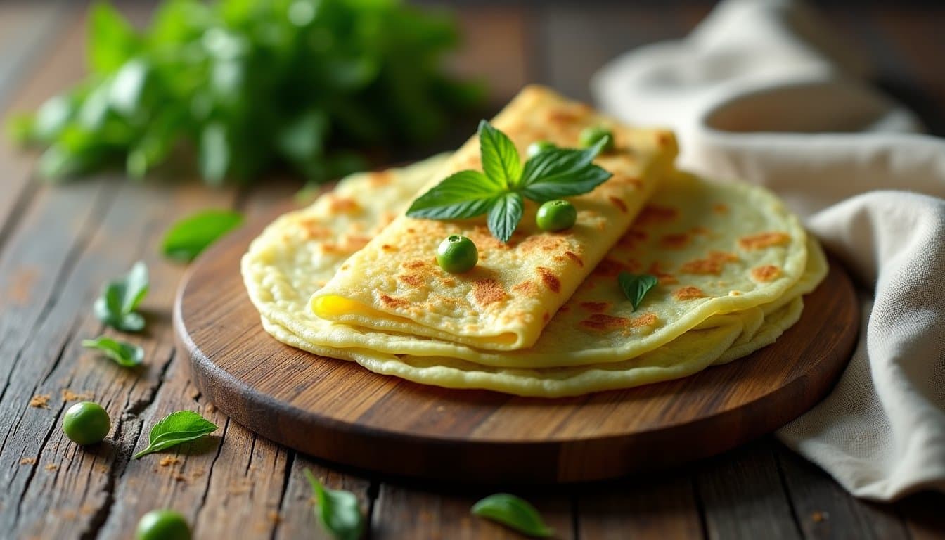 Spring Pea Tapioca Crepes with Charred Lime and Watercress Oil